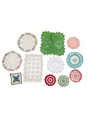 Vintage Lot of Crocheted Doilies XL and Med 1 Runner 3D Floral Grandmillennial